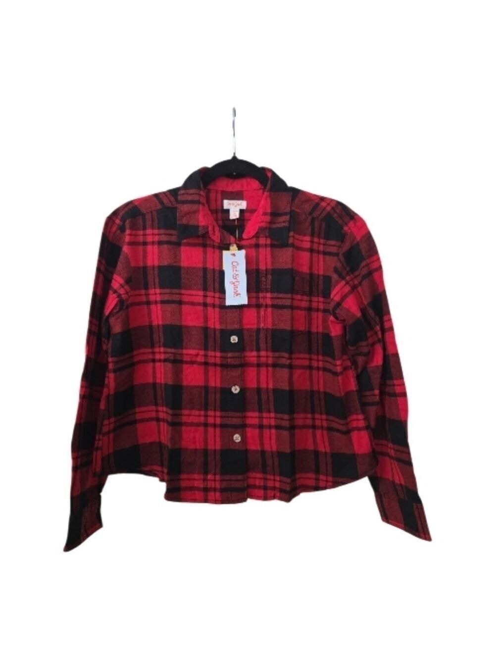 Cat & Jack Girls Red Black Plaid Flannel Button Down Shirt Large Plus 10-12